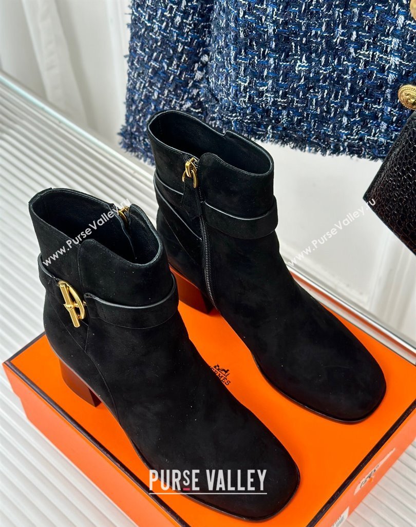 Hermes Jill Heel Ankle Boots 6cm in Suede with Glenan Buckle Black 2024 (MD-241008052)