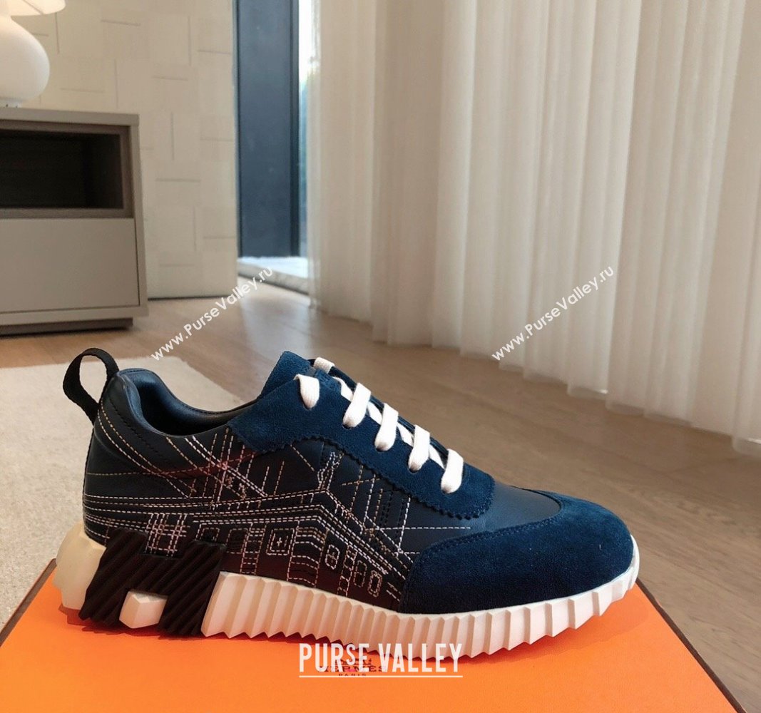 Hermes Bouncing Sneakers in Embroidered Leather and Suede Dark Blue 2024 (XC-241008098)