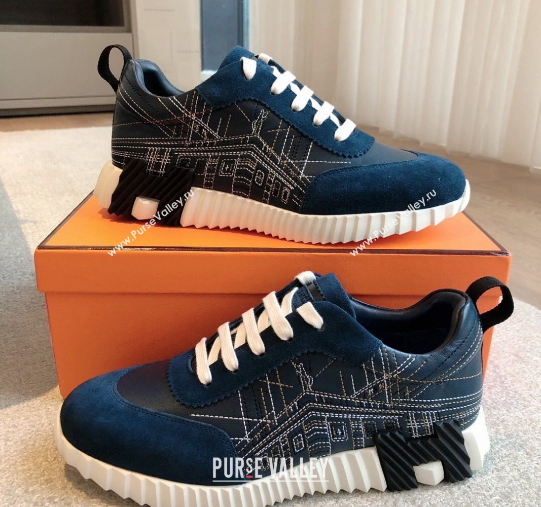 Hermes Bouncing Sneakers in Embroidered Leather and Suede Dark Blue 2024 (XC-241008098)