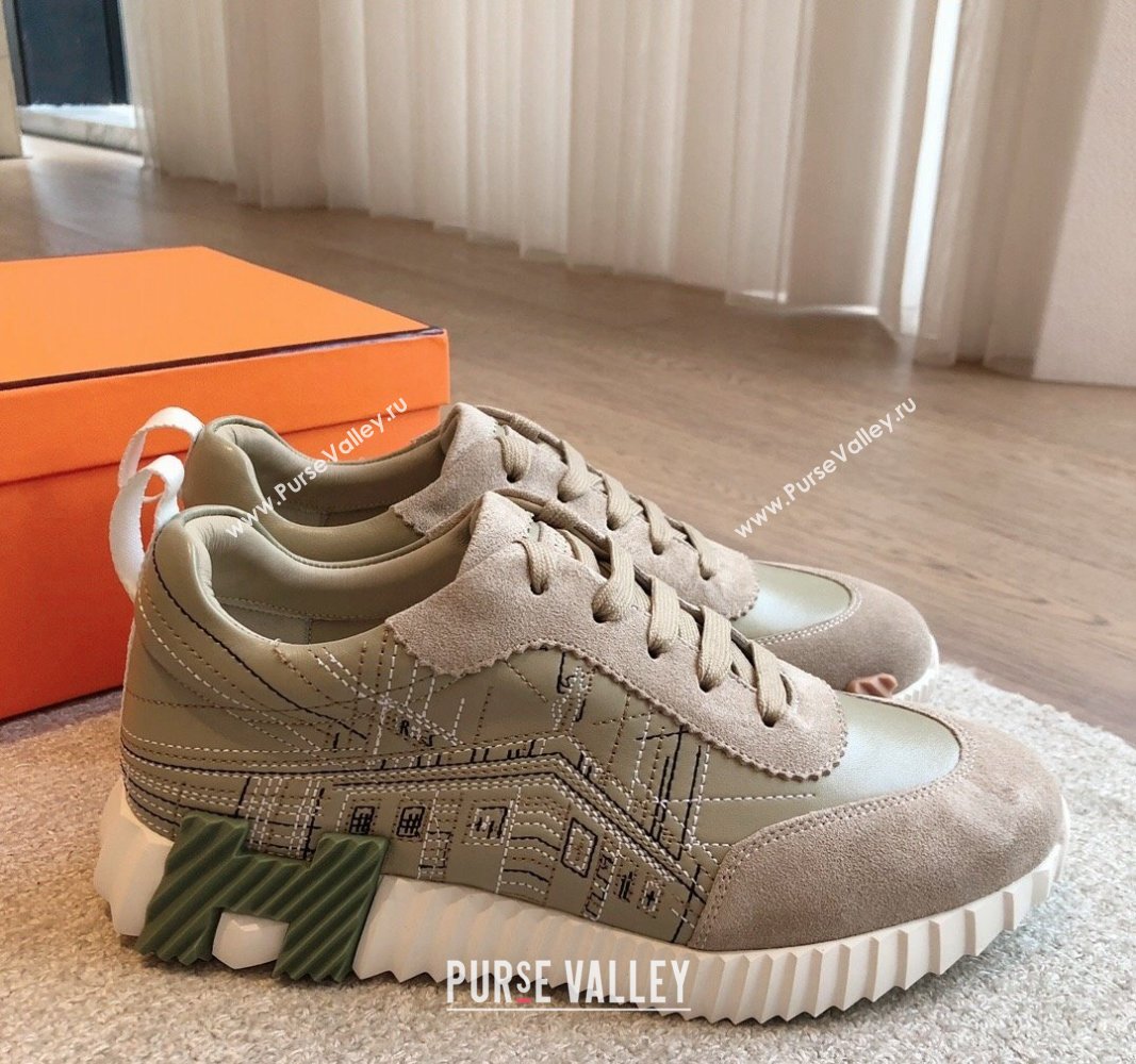 Hermes Bouncing Sneakers in Embroidered Leather and Suede Khaki Green 2024 (XC-241008099)