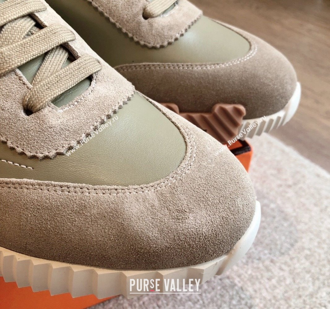 Hermes Bouncing Sneakers in Embroidered Leather and Suede Khaki Green 2024 (XC-241008099)