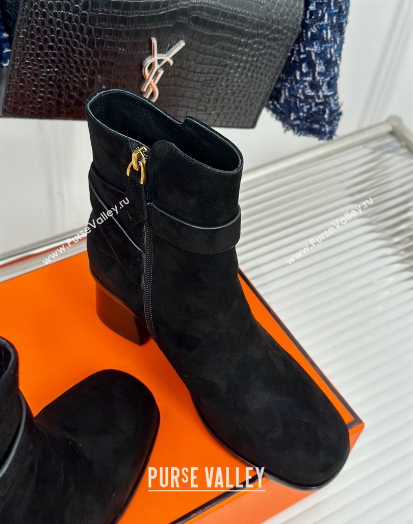 Hermes Jill Heel Ankle Boots 6cm in Suede with Glenan Buckle Black 2024 (MD-241008052)