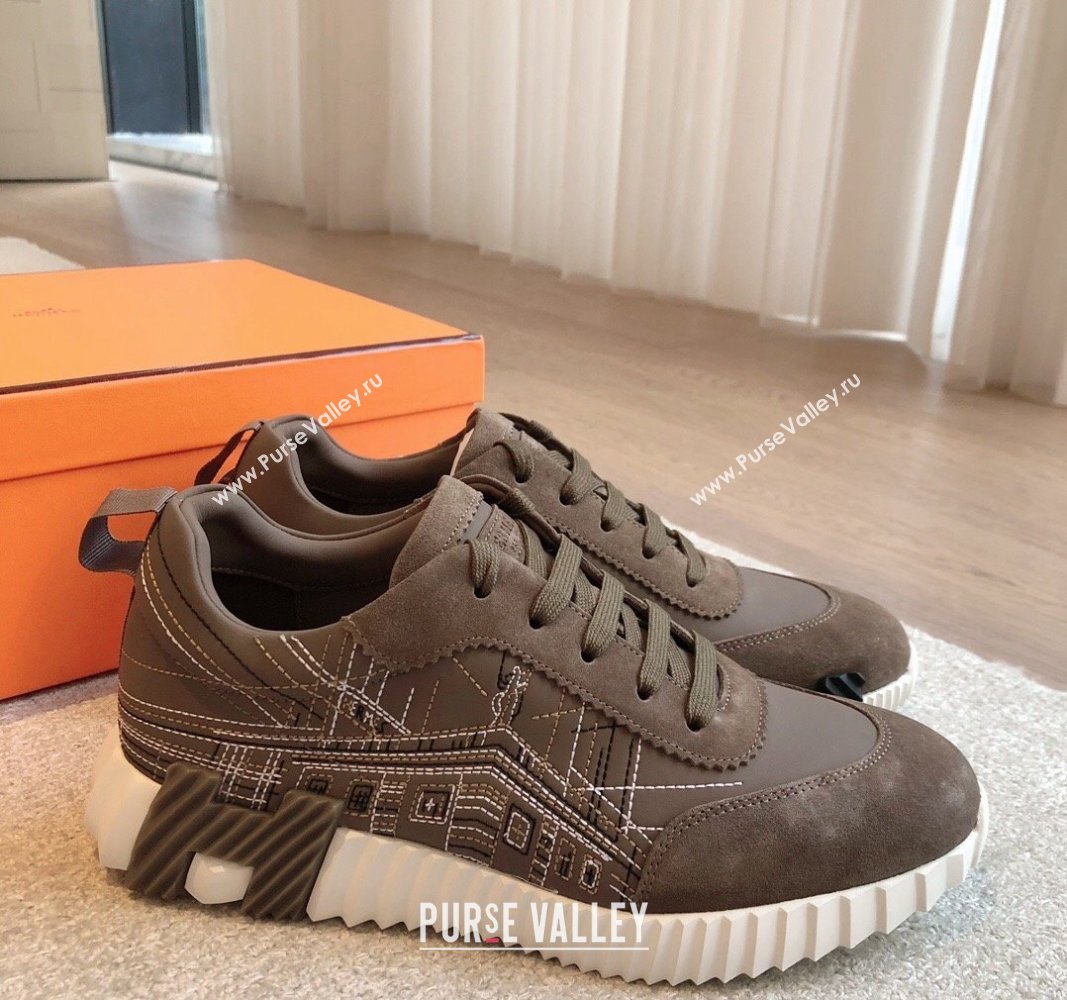 Hermes Bouncing Sneakers in Embroidered Leather and Suede Dark Grey 2024 (XC-241008100)