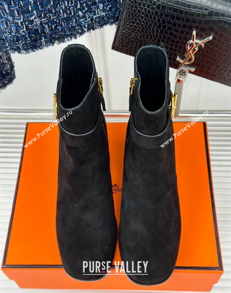 Hermes Jill Heel Ankle Boots 6cm in Suede with Glenan Buckle Black 2024 (MD-241008052)