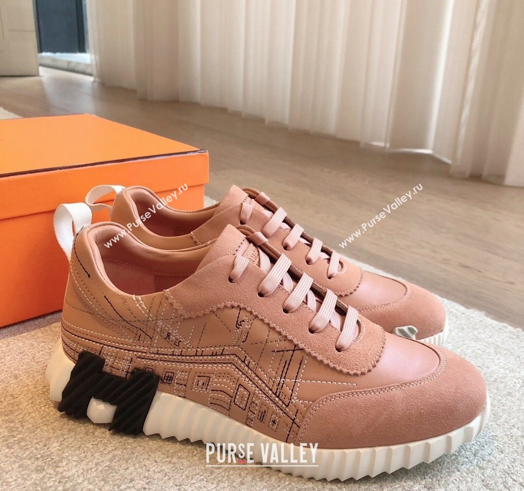 Hermes Bouncing Sneakers in Embroidered Leather and Suede Light Pink 2024 (XC-241008101)