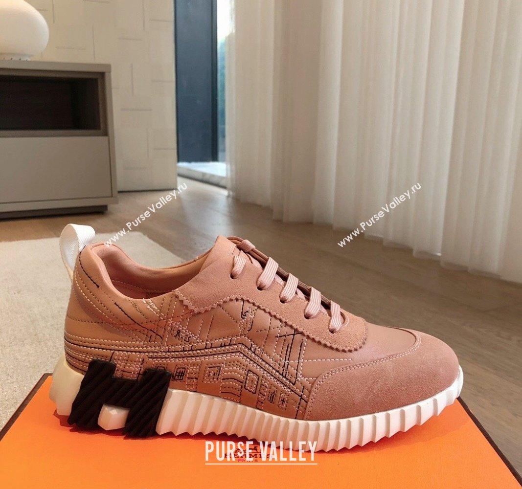 Hermes Bouncing Sneakers in Embroidered Leather and Suede Light Pink 2024 (XC-241008101)