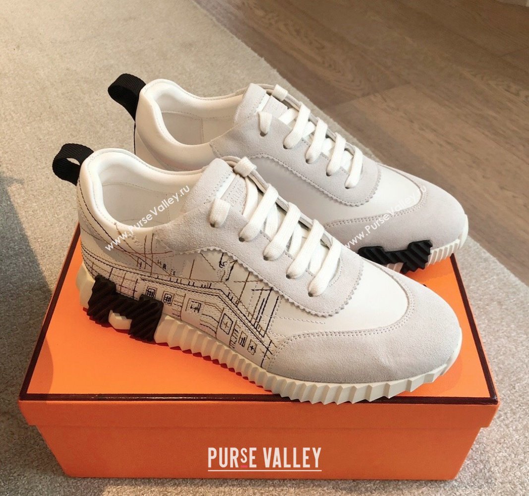 Hermes Bouncing Sneakers in Embroidered Leather and Suede White 2024 (XC-241008102)