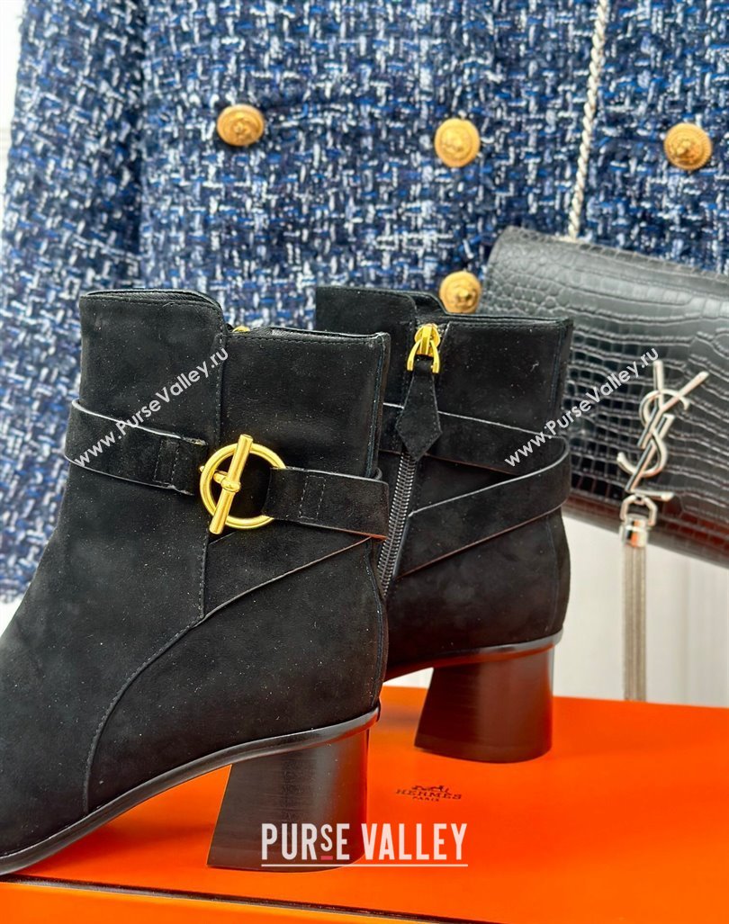 Hermes Jill Heel Ankle Boots 6cm in Suede with Glenan Buckle Black 2024 (MD-241008052)