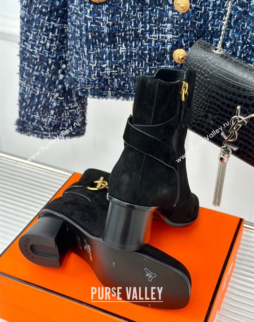 Hermes Jill Heel Ankle Boots 6cm in Suede with Glenan Buckle Black 2024 (MD-241008052)