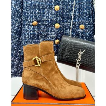 Hermes Jill Heel Ankle Boots 6cm in Suede with Glenan Buckle Brown2 2024 (MD-241008053)