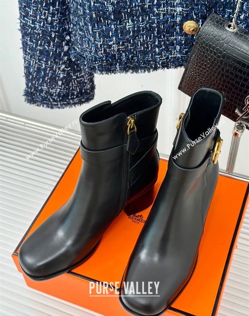 Hermes Jill Heel Ankle Boots 6cm in Calfskin with Glenan Buckle Black 2024 (MD-241008048)