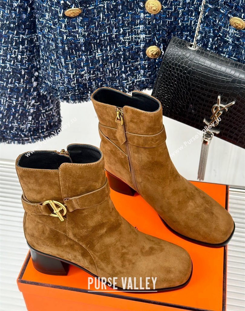 Hermes Jill Heel Ankle Boots 6cm in Suede with Glenan Buckle Brown2 2024 (MD-241008053)