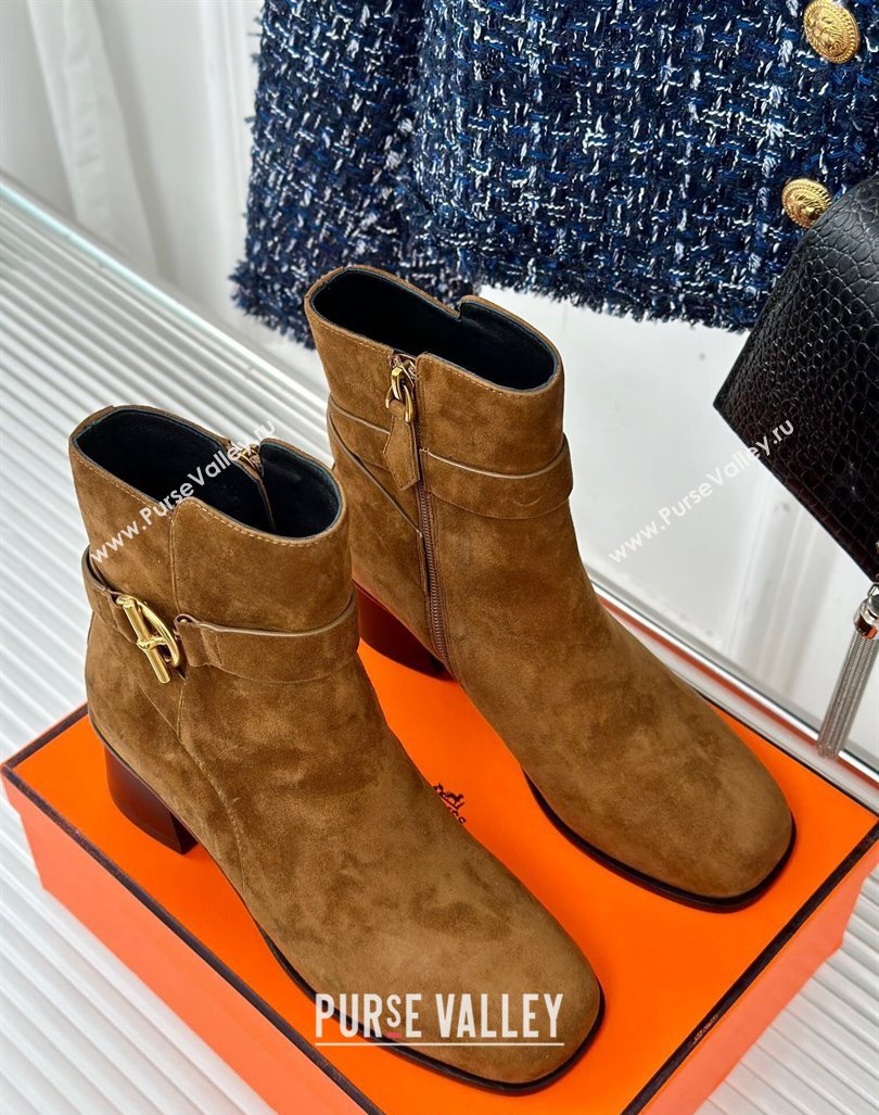 Hermes Jill Heel Ankle Boots 6cm in Suede with Glenan Buckle Brown2 2024 (MD-241008053)