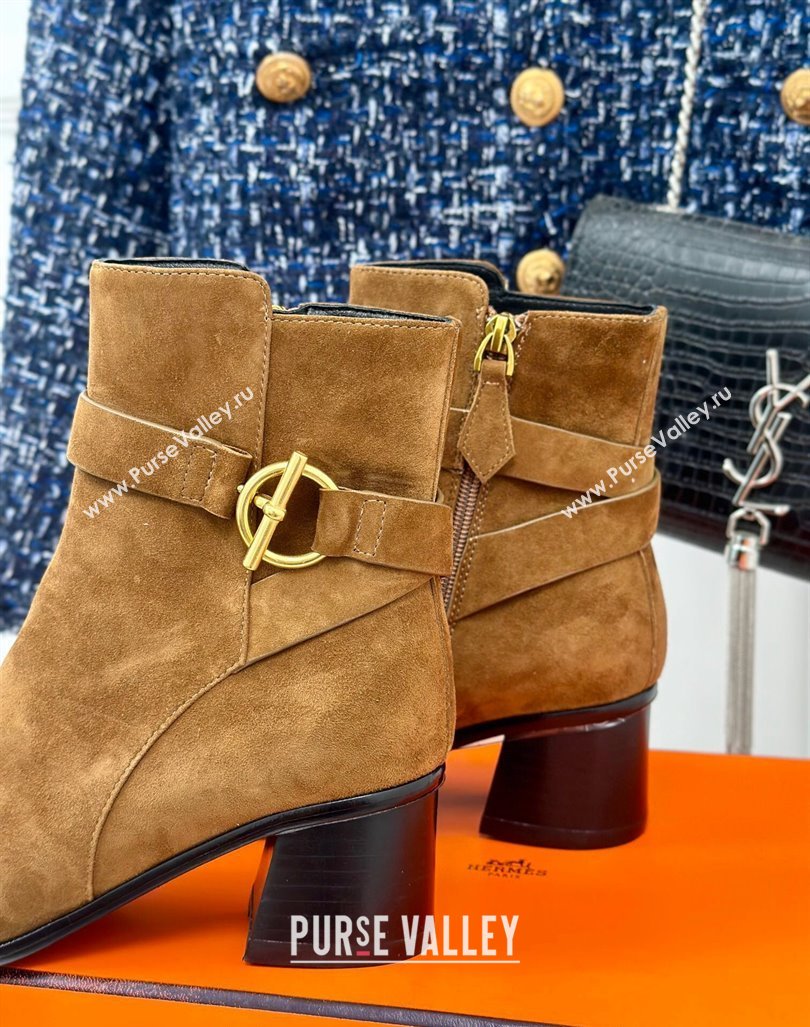 Hermes Jill Heel Ankle Boots 6cm in Suede with Glenan Buckle Brown2 2024 (MD-241008053)