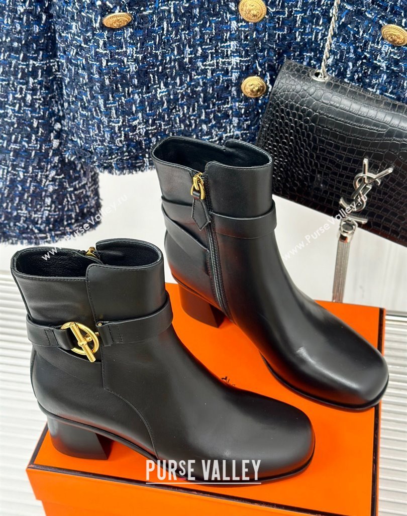 Hermes Jill Heel Ankle Boots 6cm in Calfskin with Glenan Buckle Black 2024 (MD-241008048)