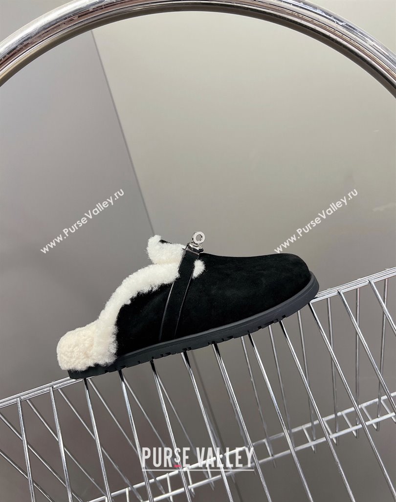 Hermes Kelly Buckle Mules in Suede and Wool Fur Black 2024 H1000802 (MD-241008104)