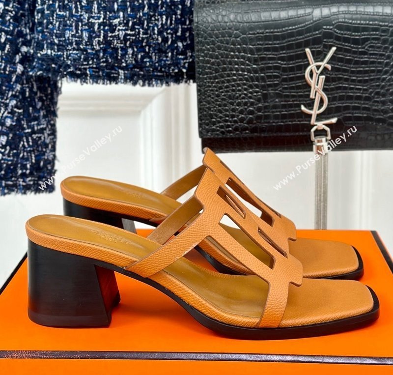 Hermes Izzy Heel Slides Sandal 5cm in Grained Calfskin with Contrasting Edges and H cut-out Brown 2024 (MD-241008112)