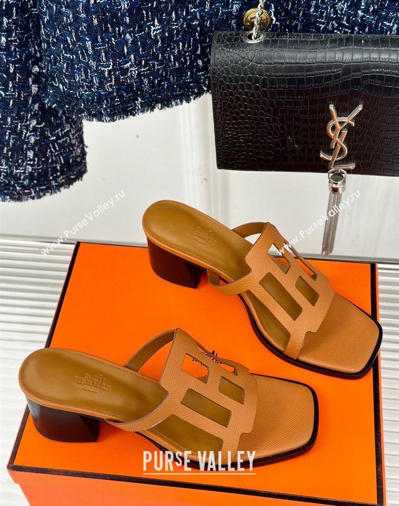 Hermes Izzy Heel Slides Sandal 5cm in Grained Calfskin with Contrasting Edges and H cut-out Brown 2024 (MD-241008112)