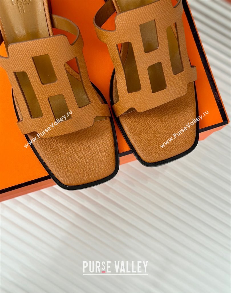 Hermes Izzy Heel Slides Sandal 5cm in Grained Calfskin with Contrasting Edges and H cut-out Brown 2024 (MD-241008112)