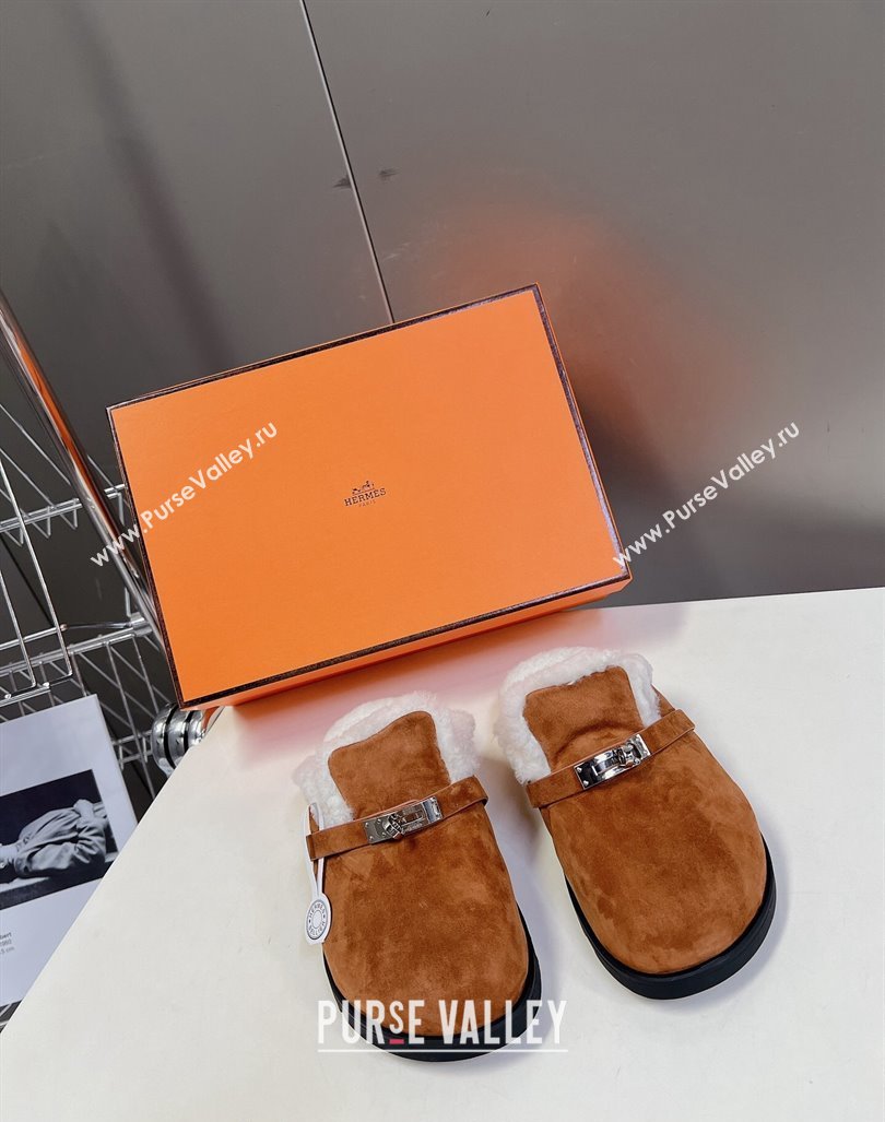 Hermes Kelly Buckle Mules in Suede and Wool Fur Brown 2024 H1000802 (MD-241008105)