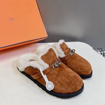 Hermes Kelly Buckle Mules in Suede and Wool Fur Brown 2024 H1000802 (MD-241008105)