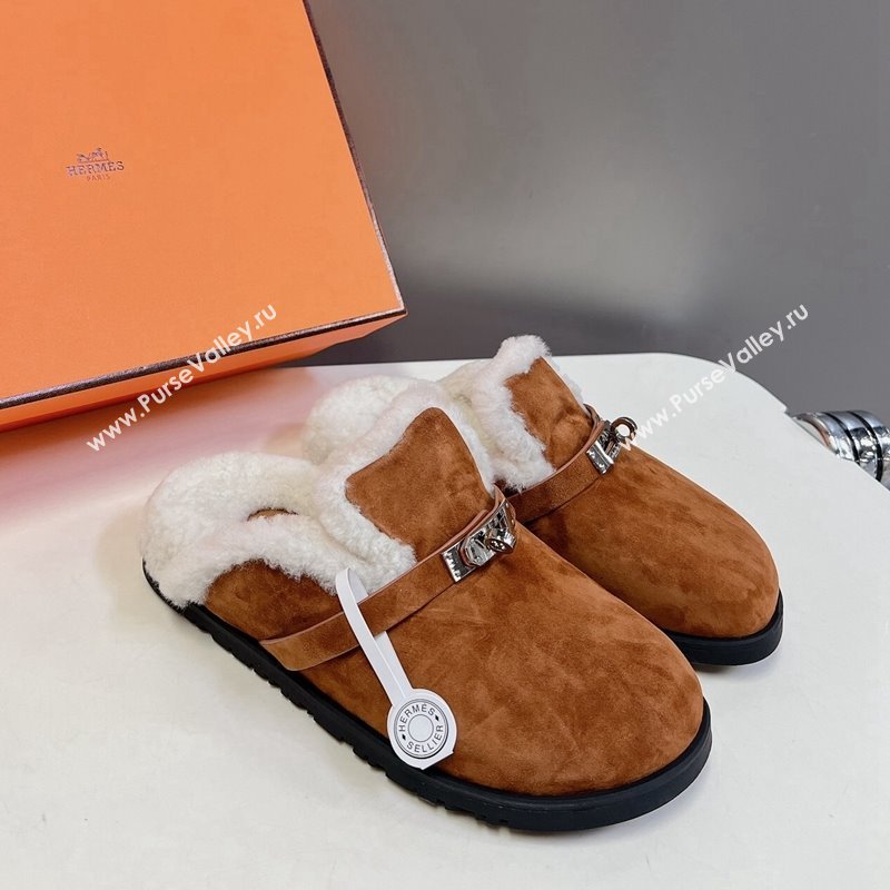 Hermes Kelly Buckle Mules in Suede and Wool Fur Brown 2024 H1000802 (MD-241008105)