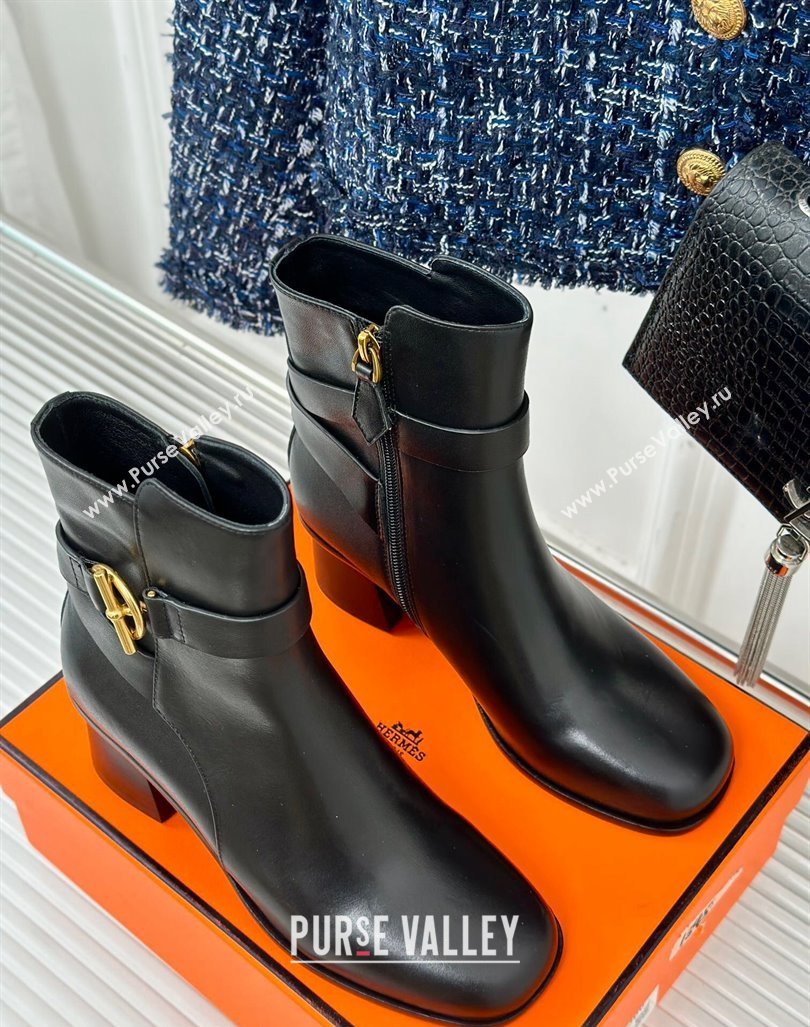 Hermes Jill Heel Ankle Boots 6cm in Calfskin with Glenan Buckle Black 2024 (MD-241008048)