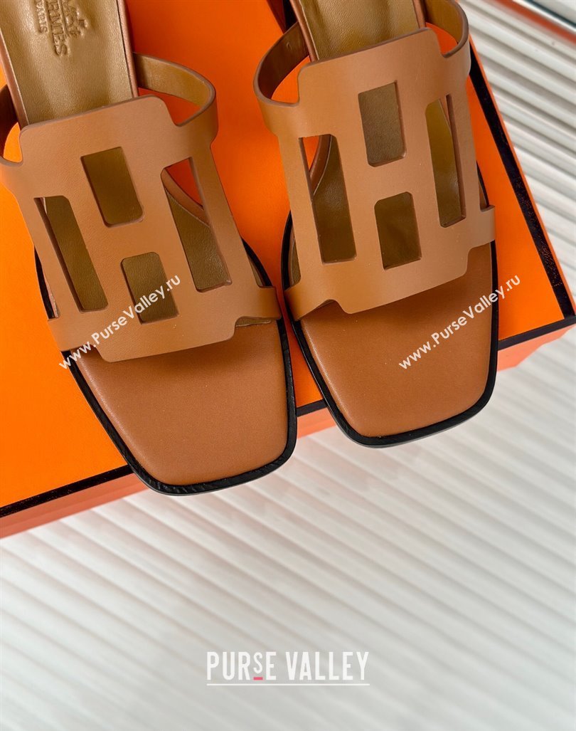 Hermes Izzy Heel Slides Sandal 5cm in Calfskin Leather with Contrasting Edges and H cut-out Brown 2024 (MD-241008116)