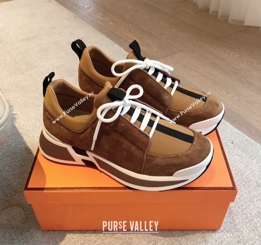 Hermes Just Sneakers in Technical Jersey and Suede Brown 2024 (XC-241008095)