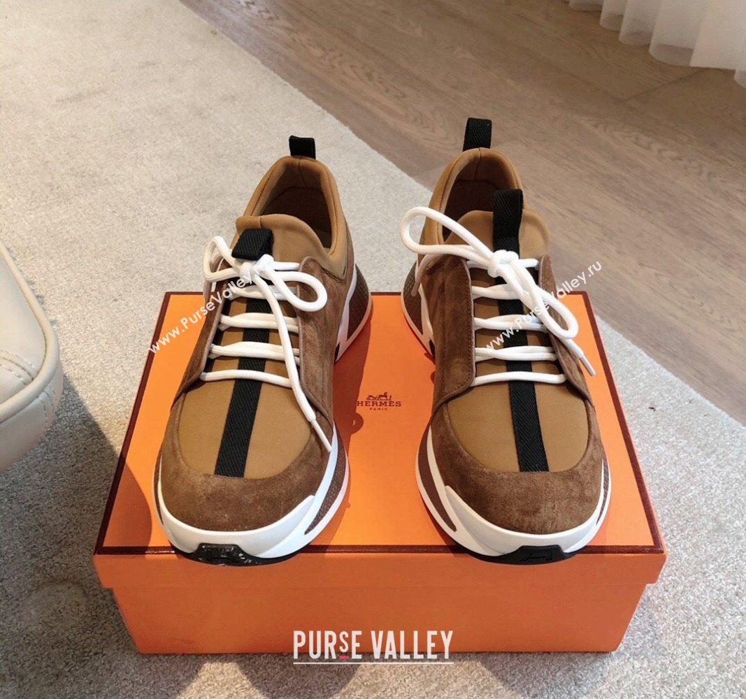 Hermes Just Sneakers in Technical Jersey and Suede Brown 2024 (XC-241008095)