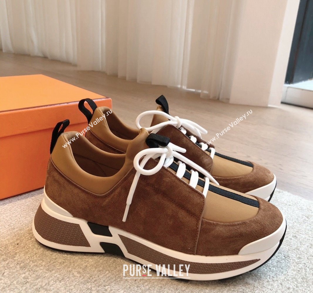 Hermes Just Sneakers in Technical Jersey and Suede Brown 2024 (XC-241008095)