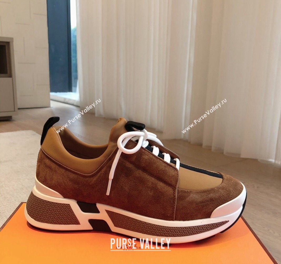 Hermes Just Sneakers in Technical Jersey and Suede Brown 2024 (XC-241008095)