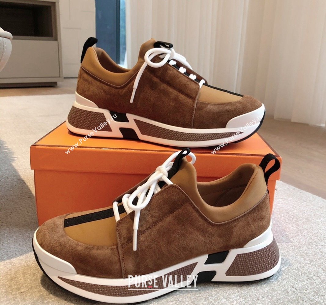 Hermes Just Sneakers in Technical Jersey and Suede Brown 2024 (XC-241008095)