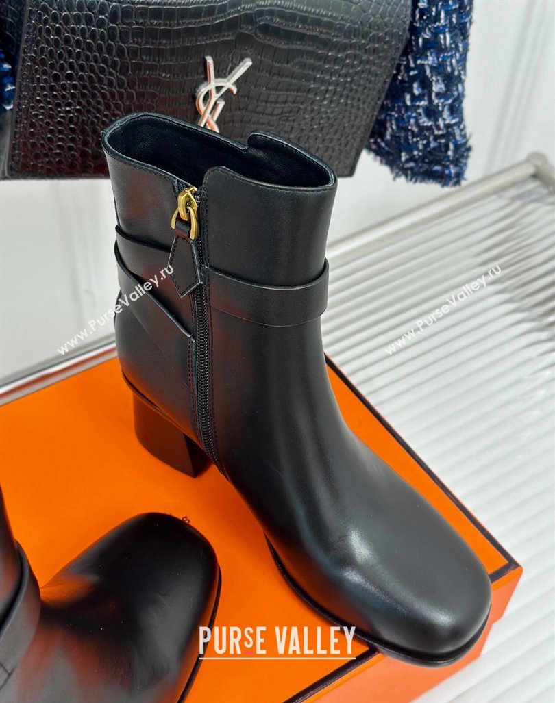 Hermes Jill Heel Ankle Boots 6cm in Calfskin with Glenan Buckle Black 2024 (MD-241008048)