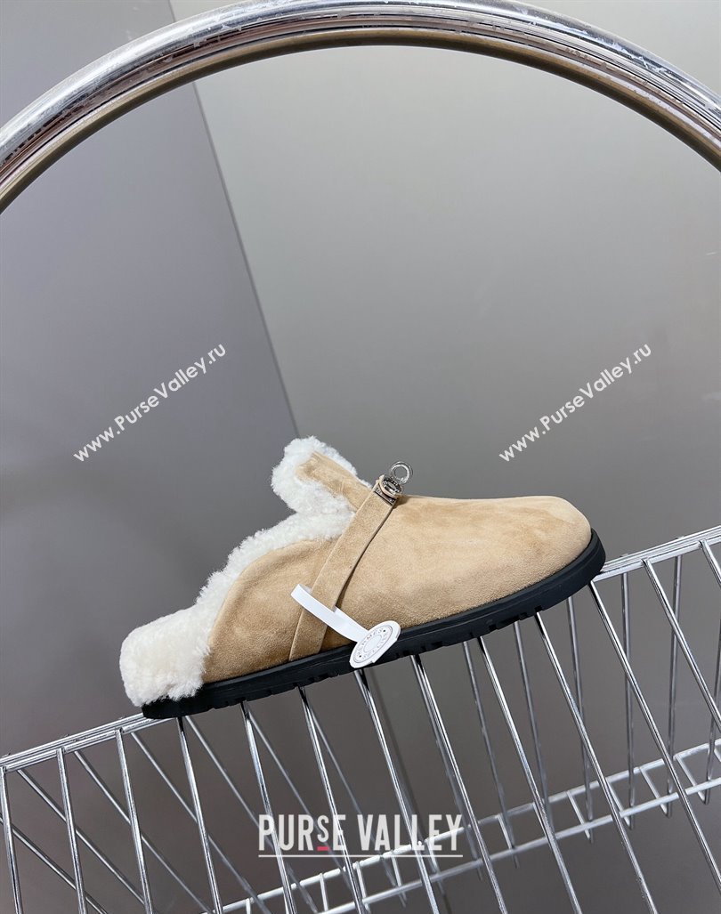 Hermes Kelly Buckle Mules in Suede and Wool Fur Grey 2024 H1000802 (MD-241008106)