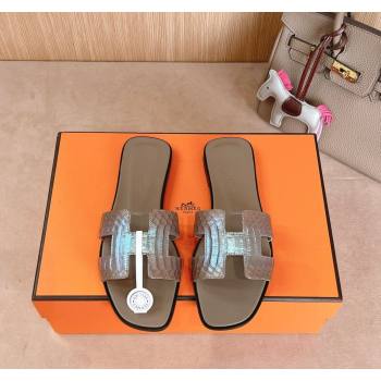 Hermes Classic Oran Flat Slides Sandal in Snakeskin Embossed Leather Grey2 2024 1008 (MD-241008118)