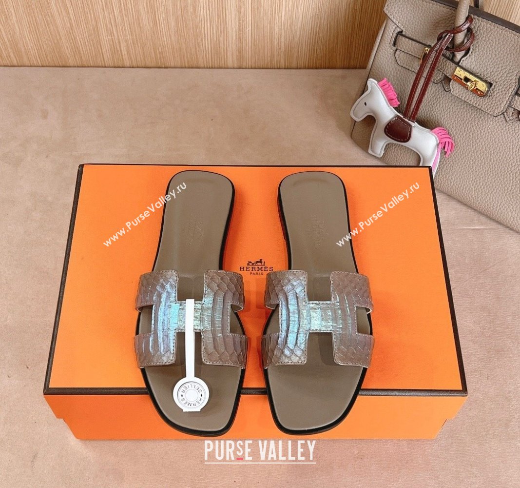 Hermes Classic Oran Flat Slides Sandal in Snakeskin Embossed Leather Grey2 2024 1008 (MD-241008118)