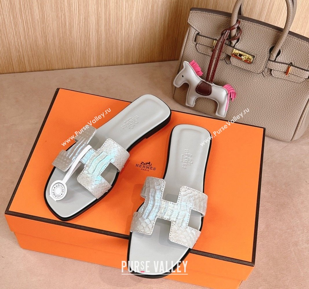 Hermes Classic Oran Flat Slides Sandal in Snakeskin Embossed Leather Light Grey 2024 1008 (MD-241008123)