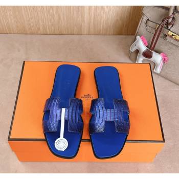 Hermes Classic Oran Flat Slides Sandal in Snakeskin Embossed Leather Royal Blue 2024 1008 (MD-241008124)