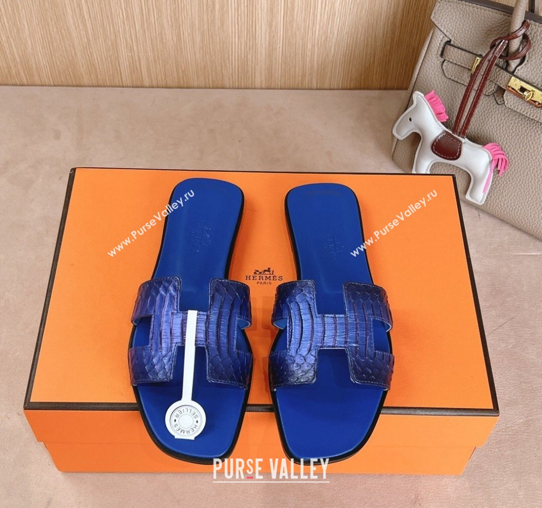 Hermes Classic Oran Flat Slides Sandal in Snakeskin Embossed Leather Royal Blue 2024 1008 (MD-241008124)