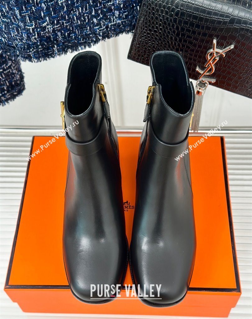 Hermes Jill Heel Ankle Boots 6cm in Calfskin with Glenan Buckle Black 2024 (MD-241008048)