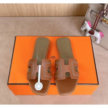 Hermes Classic Oran Flat Slides Sandal in Calfskin with Stitches Brown 2024 1008 (MD-241008130)