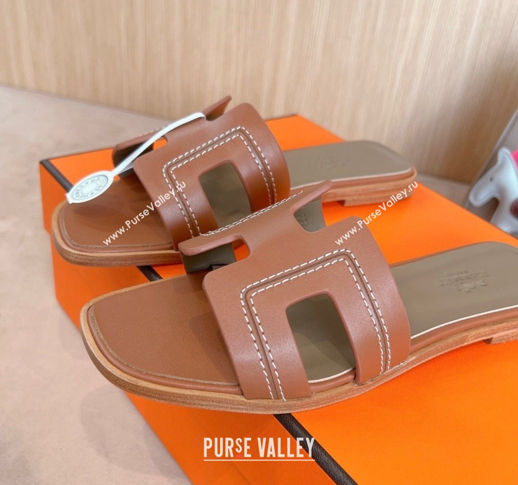 Hermes Classic Oran Flat Slides Sandal in Calfskin with Stitches Brown 2024 1008 (MD-241008130)