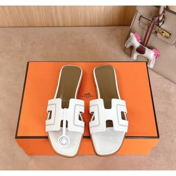 Hermes Classic Oran Flat Slides Sandal in Calfskin with Stitches White 2024 1008 (MD-241008131)