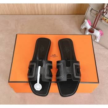 Hermes Classic Oran Flat Slides Sandal in Calfskin with Stitches Black 2024 1008 (MD-241008132)