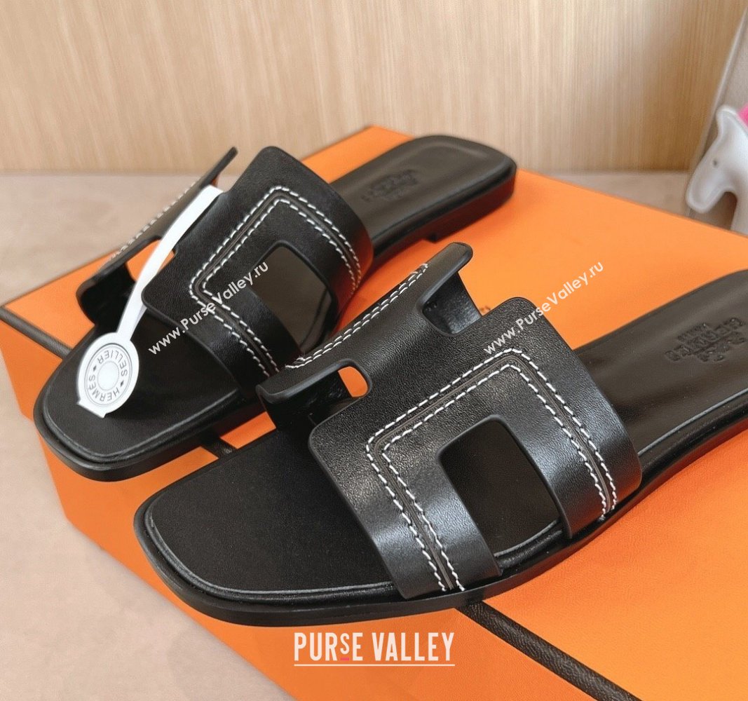 Hermes Classic Oran Flat Slides Sandal in Calfskin with Stitches Black 2024 1008 (MD-241008132)