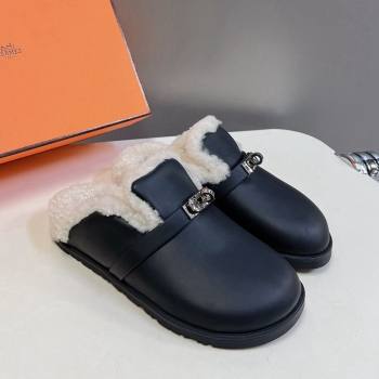 Hermes Kelly Buckle Mules in Calfskin and Wool Fur Black 2024 H1000802 (MD-241008108)