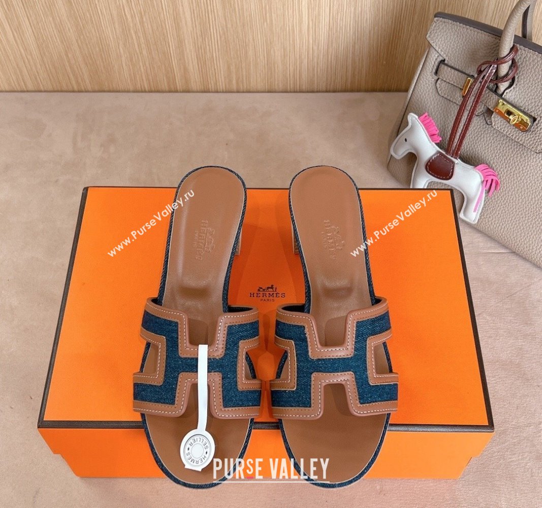 Hermes Classic Oasis Heel Slides Sandal 5cm in Calfskin and Denim Brown/Blue 2024 1008 (MD-241008136)