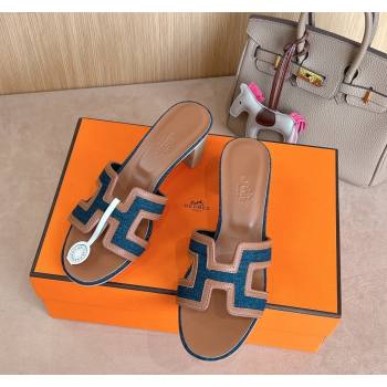 Hermes Classic Oasis Heel Slides Sandal 5cm in Calfskin and Denim Brown/Blue 2024 1008 (MD-241008136)