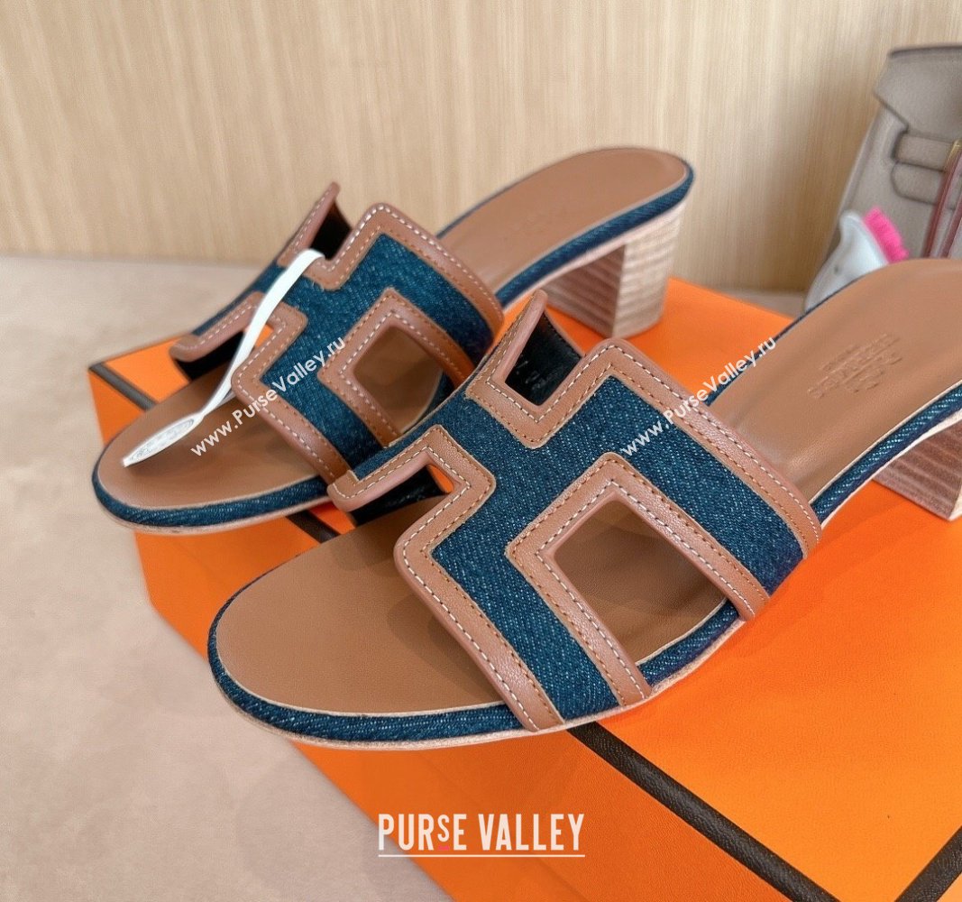 Hermes Classic Oasis Heel Slides Sandal 5cm in Calfskin and Denim Brown/Blue 2024 1008 (MD-241008136)